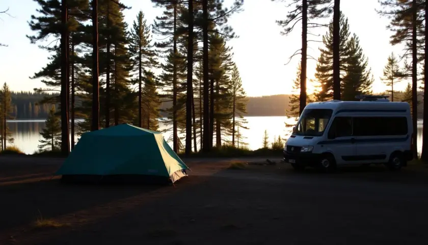 En grön kupoltält och en vit husbil står parkerade vid en sjö i en tallskog. Solen går ner bakom träden.