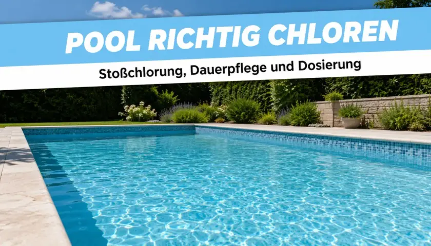 Klares Poolwasser mit Text "Pool richtig chloren: Stoßchlorung, Dauerpflege und Dosierung". Die richtige Chlordosierung ist entscheidend für hygienischen Badespaß.
