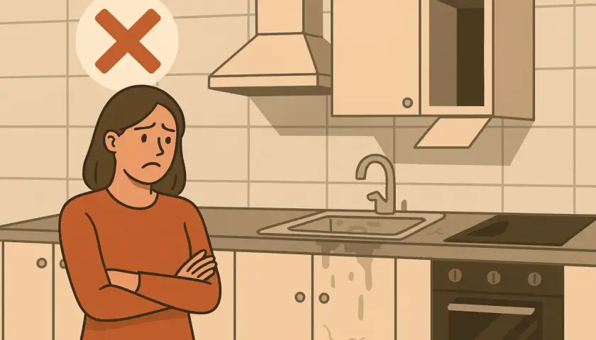 Femme dépitée devant une cuisine Cuisinella abîmée, avec un signe d'interdiction. Problème SAV Cuisinella.