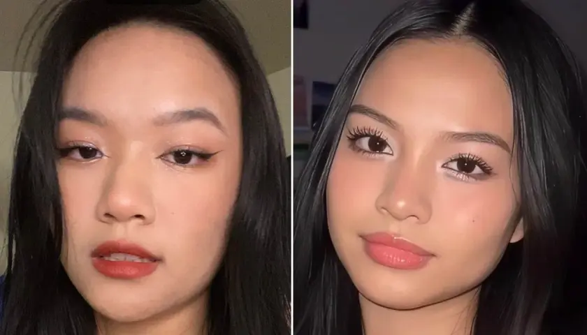 Två närbilder på en ung kvinna med olika douyin makeup-stilar. Den vänstra visar en mer dramatisk look med eyeliner och mörkt läppstift, medan den högra har en mjukare, glansigare finish.