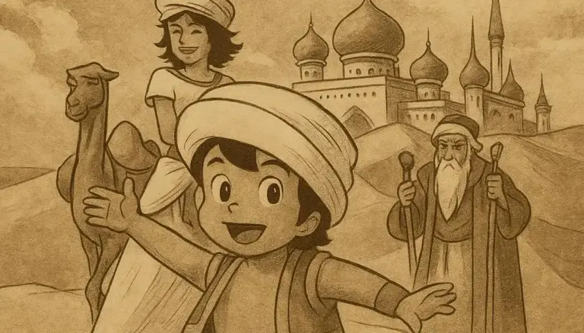Ilustracja w stylu retro przedstawiająca Sindbada, wielbłąda, kobietę i starca na tle orientalnych budowli.