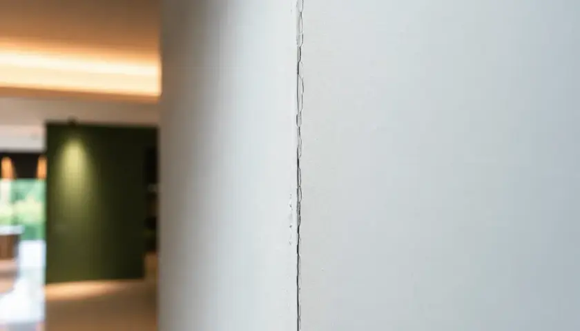 Dettaglio di una crepa su giunti cartongesso, con uno sfondo sfocato di un interno moderno.