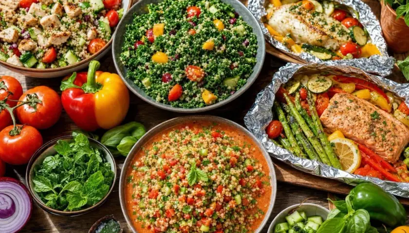 Un festin coloré pour le repas du week-end : salades de quinoa, poisson et saumon en papillote avec légumes croquants.