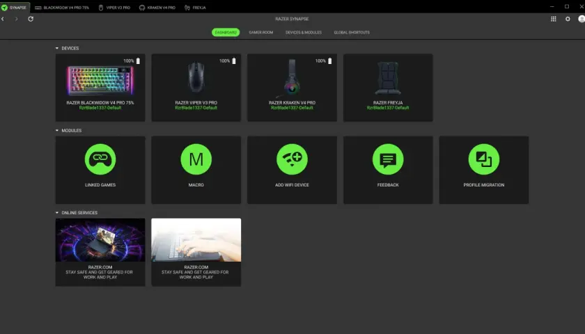 Razer Synapse Dashboard zeigt Razer BlackWidow V4 Pro, Viper V3 Pro, Kraken V4 Pro und Freyja. Module wie Linked Games, Macro und Feedback sind verfügbar.