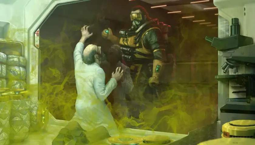 Caustic z Apex Legends w laboratorium, otoczony żółtym gazem. Naukowiec w białym kitlu klęczy, próbując się bronić.
