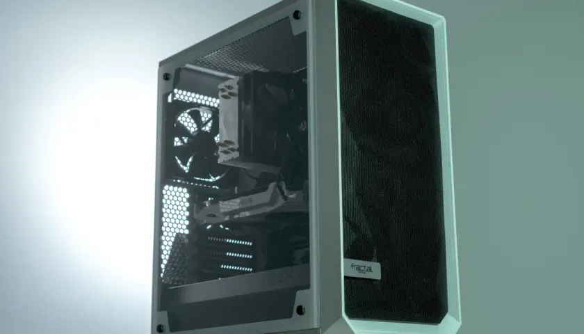 Boîtier PC blanc avec fenêtre latérale transparente, ventilateurs et carte graphique visibles. Le logo "fractal design" est présent. C'est quoi RGB ? Ce boîtier est prêt pour des lumières colorées.