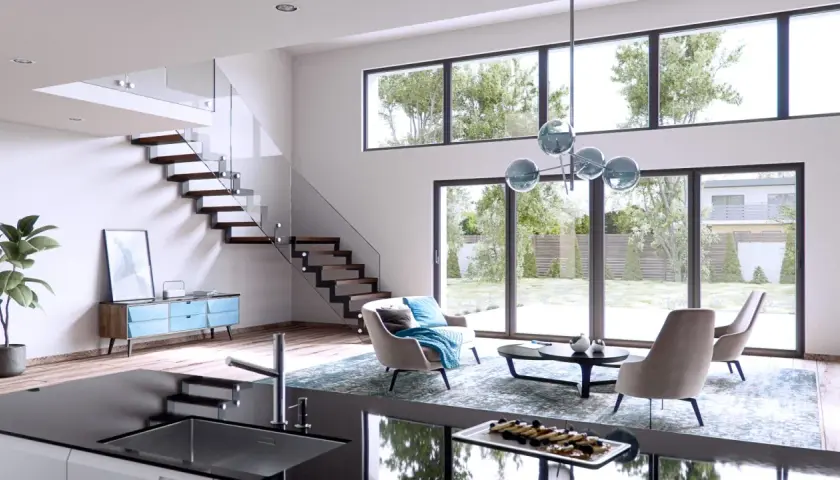 Nowoczesny salon z widokiem na ogród. Okna bez firanek inspiracje: minimalistyczne meble, szklane balustrady, drewniane schody.