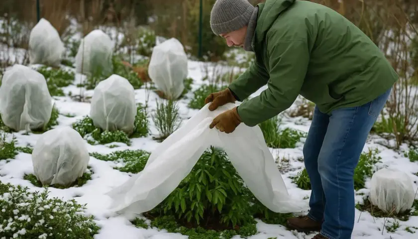 Un jardinier protège des plantes avec du **non tissé** sous la neige.