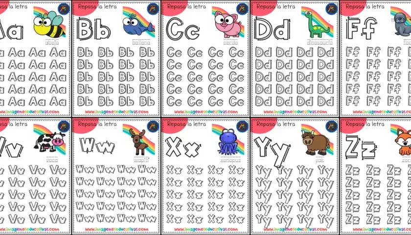 Hojas de caligrafía para niños de 6 años con letras A-Z y dibujos para repasar.