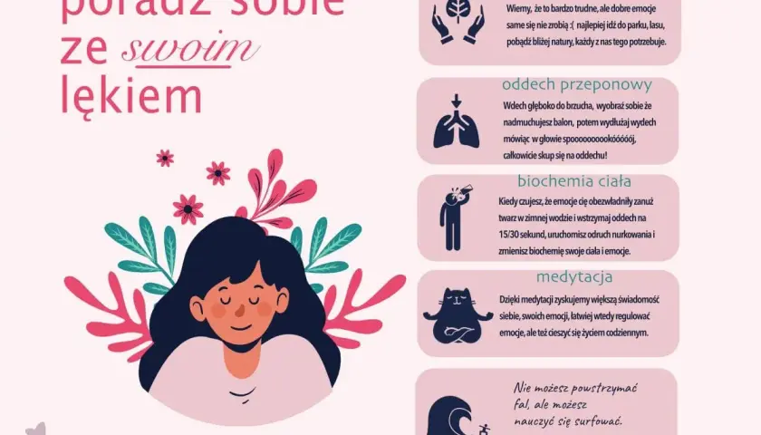 Ilustracja przedstawia spokojną dziewczynę otoczoną kwiatami, obok niej porady jak radzić sobie ze strachem i lękiem, np. przez medytację czy wyjście na łono natury.