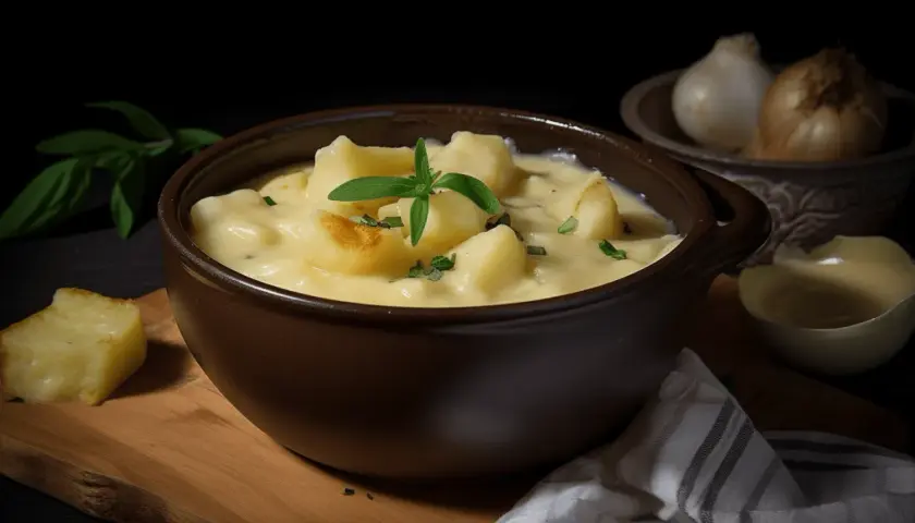 Un bol de pommes de terre crémeuses, garni d'herbes fraîches. Une délicieuse matouille recette pour un repas réconfortant.