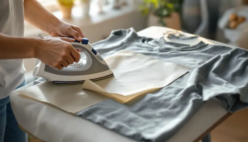 Utiliser un fer à repasser pour enlever un flocage sur un vêtement. Une feuille de papier protège le tissu.