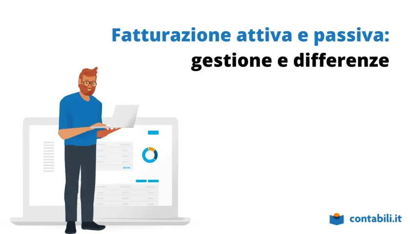 Uomo con laptop analizza grafici su schermo, illustrando la gestione della fatturazione attiva e passiva.