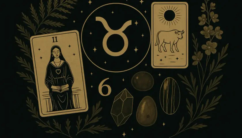 Tarotowe karty, symbol byka i kamienie tworzą mistyczną kompozycję. Może to sen o byku, symbolizujący siłę i stabilność.