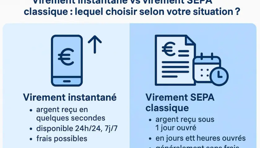 Comparaison entre virement instantané et virement SEPA classique : l'un est rapide, l'autre plus traditionnel.