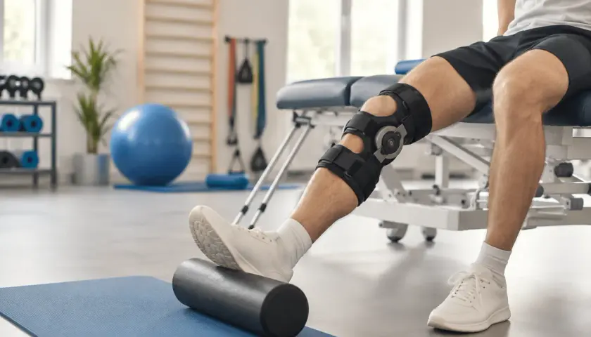 Rehabilitacja łąkotki: ćwiczenia z wałkiem do masażu. Pacjent w ortezie kolana wykonuje ćwiczenia na macie.