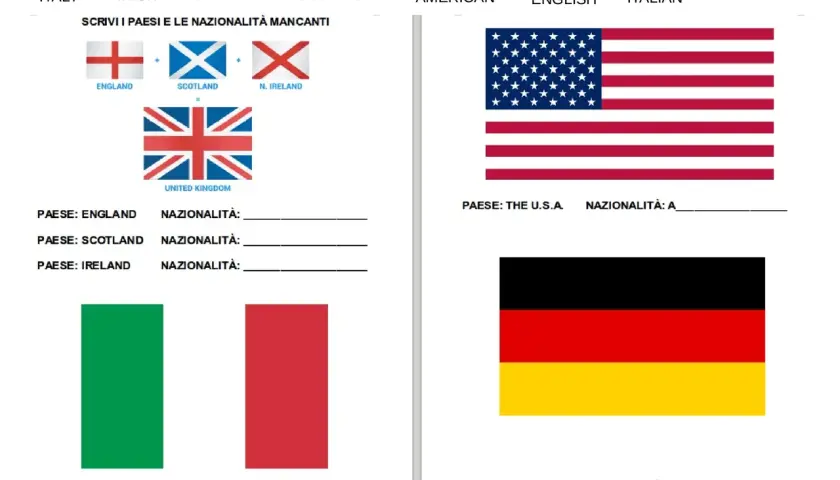 Esercizio di inglese su paesi e nazionalità. Immagini di bandiere (Regno Unito, USA, Germania, Italia) e campi per scrivere la nazionalità.
