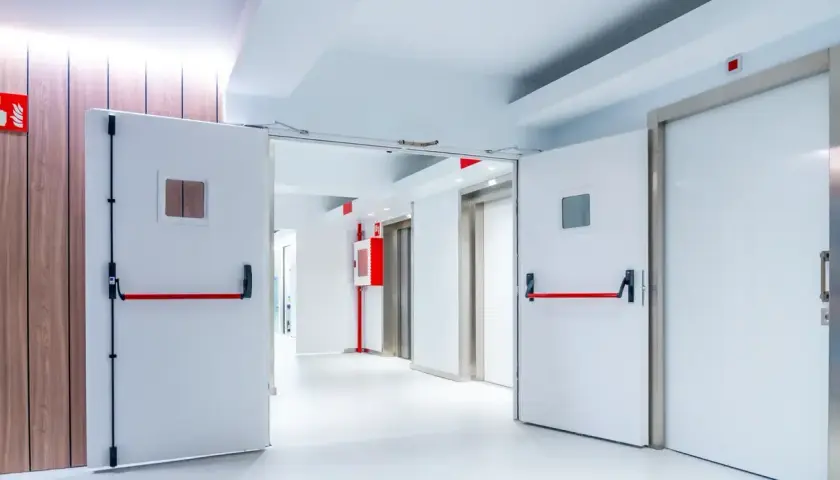 Korytarz z drzwiami ewakuacyjnymi i oznakowaniem ochrony przeciwpożarowej.