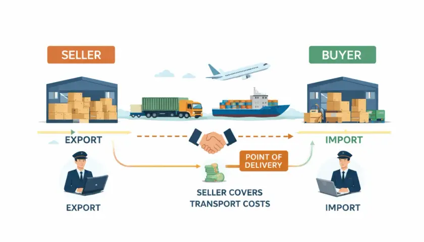 Schema für cpt incoterm: Verkäufer deckt Transportkosten bis zum Bestimmungsort. Export und Import mit LKW, Schiff, Flugzeug.