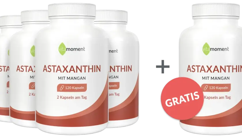 Vitamoment Astaxanthin mit Mangan: Vier Flaschen plus eine gratis. Ein starkes Astaxanthin Lebensmittel für Ihr Wohlbefinden.
