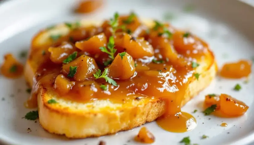 Tranche de pain grillé garnie d'une compotée dorée, parfaite pour une recette oignons caramélisés. Saupoudrée de persil frais.