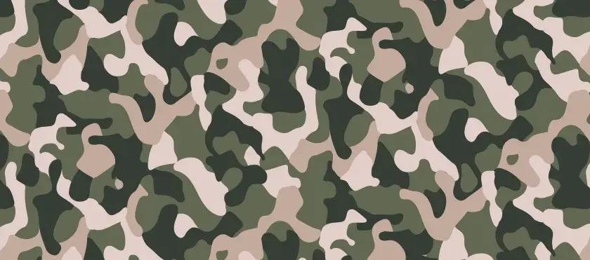 Un motif camouflage abstrait aux teintes vertes, beiges et rosées, évoquant la nature et la discrétion.