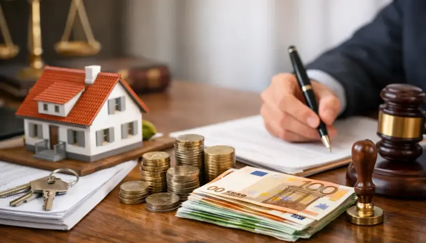 Maison, clés, argent et balance de justice. Qui paie les frais de notaire pour cette transaction immobilière ?