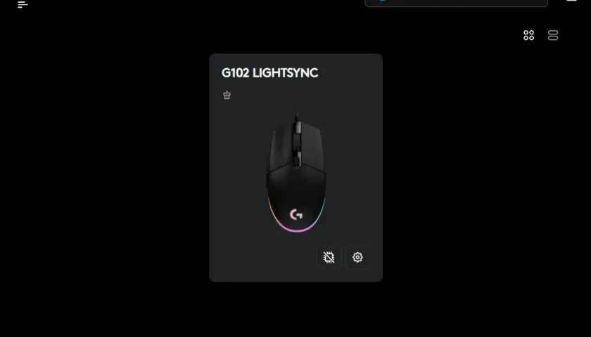 Myszka Logitech G102 LIGHTSYNC z kolorowym podświetleniem, widoczna w aplikacji Logitech G HUB.