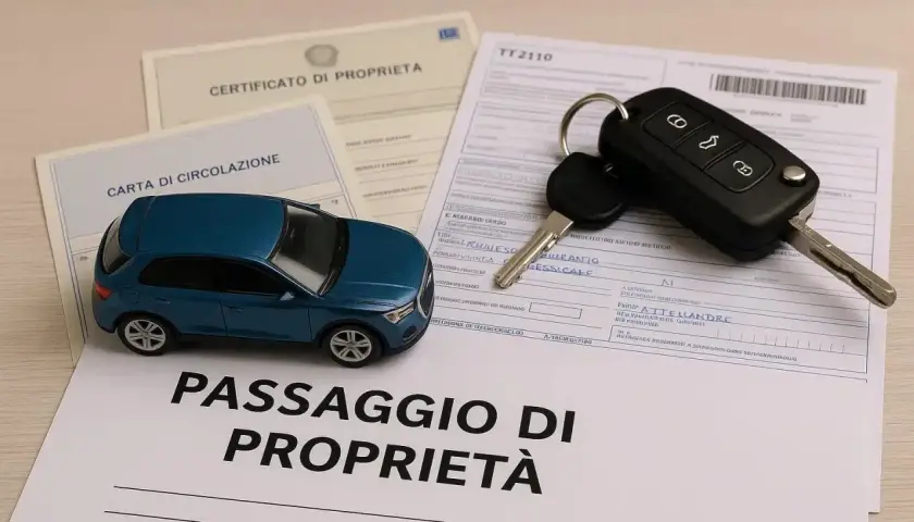 Modello di auto blu, chiavi e documenti per il passaggio di proprietà. La donazione auto è un processo che richiede questi documenti.