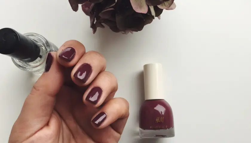 En hand med mörkröda naglar, bredvid en flaska H&M nagellack i samma färg. En torkad blomma i bakgrunden.
