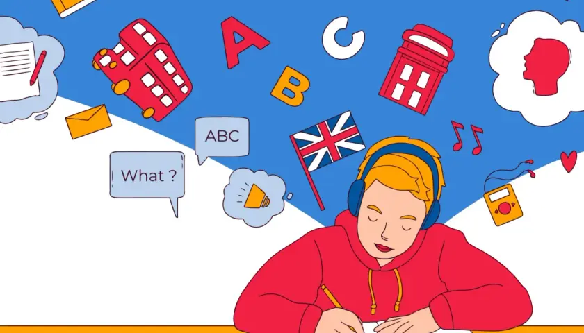 Ragazzo con cuffie studia parole inglesi usate in italiano, circondato da simboli britannici e lettere.
