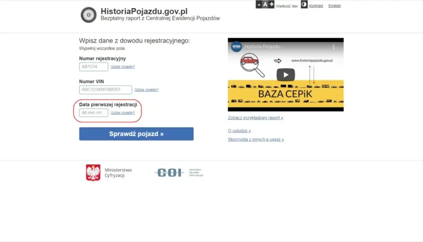 Pole "Data pierwszej rejestracji" w dowodzie pojazdu. Wpisz datę, aby sprawdzić historię pojazdu.