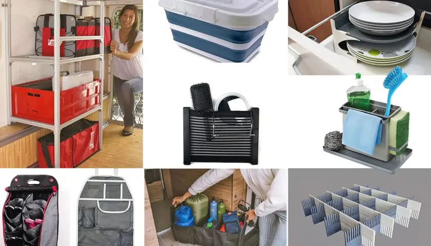 Astuce rangement vêtement camping-car : étagères, boîtes pliantes, organisateurs de coffre et diviseurs de tiroirs pour optimiser l'espace.