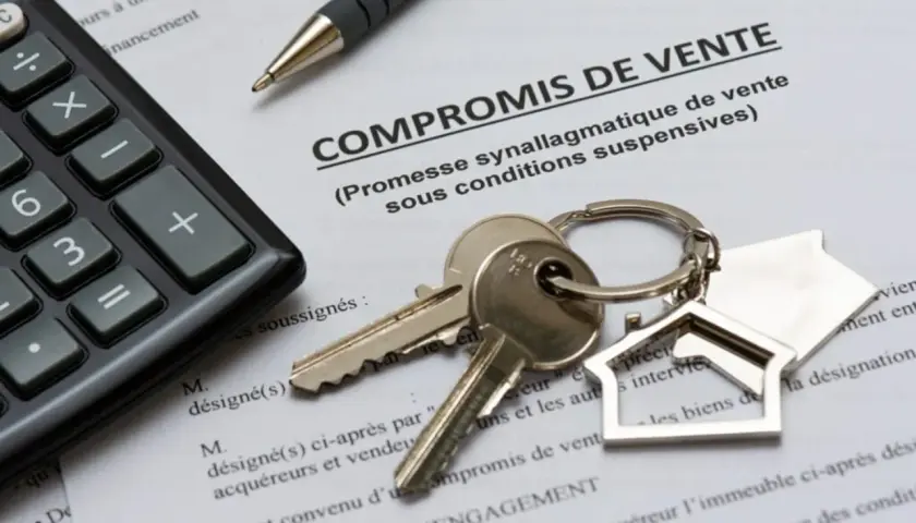 Clés d'une maison sur un document "COMPROMIS DE VENTE", avec une calculatrice et un stylo.