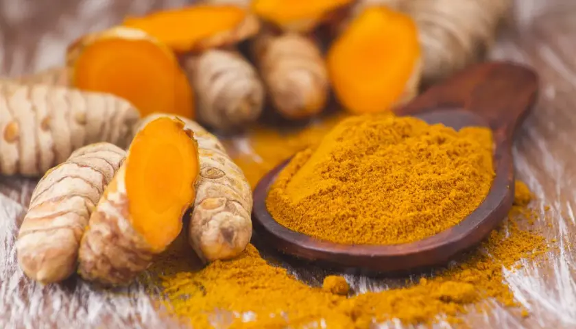 Radici di curcuma fresche e in polvere, un elemento chiave nell'elenco spezie indiane, su un cucchiaio di legno.