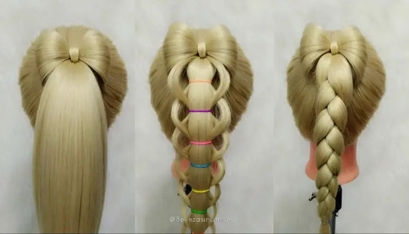Peinados para niñas: tres estilos de trenzas con moño, trenza de burbujas y trenza clásica en cabello rubio.