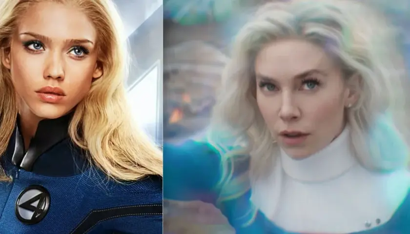 L'actrice 4 Fantastique, Sue Storm, en gros plan, avec son costume emblématique bleu et le logo "4".