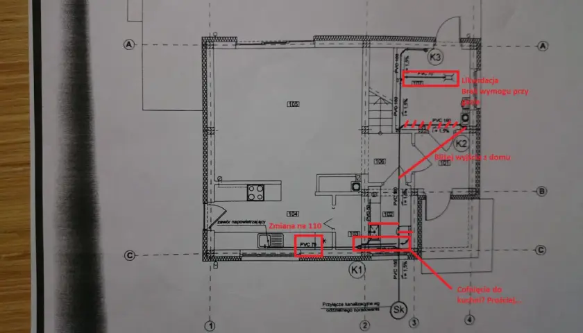 Schemat instalacji sanitarnej w domu jednorodzinnym. Pokazuje zmiany w rurach kanalizacyjnych i ich lokalizację.