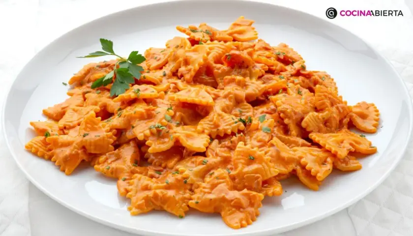 Un plato de pasta farfalle con una cremosa salsa de tomate y un toque de perejil. ¡Así es que es farfalle!