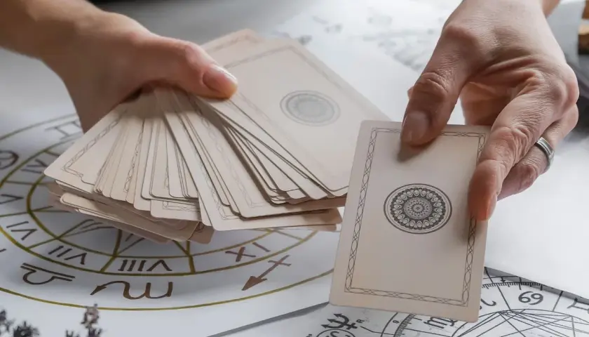 Dłonie trzymają talię kart, przygotowując się do wróżenia. Rozłożone na stole diagramy astrologiczne sugerują, jak stawiać tarota.