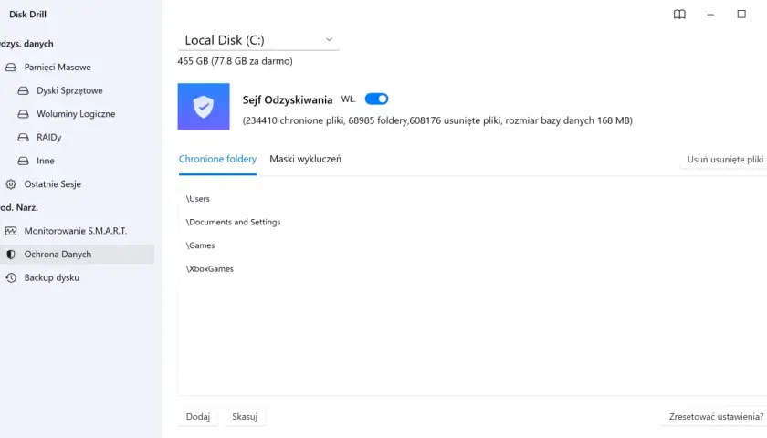 Program Disk Drill pokazuje, jak odzyskać usunięte pliki z komputera. Widoczny jest dysk C: oraz opcje ochrony danych.