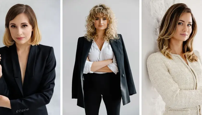 Trzy kobiety w eleganckich stylizacjach, idealny makijaż biznesowy do zdjęć.