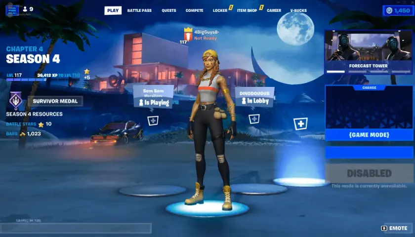 Postać z Fortnite w lobby, sezon 4. W tle nocna plaża i nowoczesny dom. Widoczne elementy interfejsu gry, w tym informacje o poziomie i zasobach. Czasem pojawia się **glitch Fortnite**.