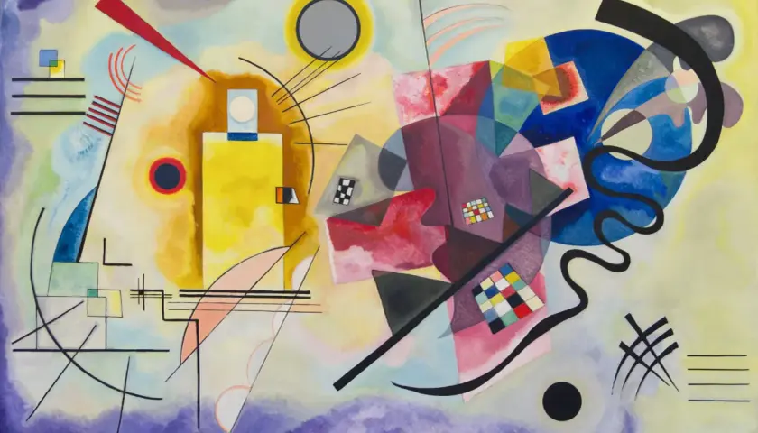A vibrant abstract composition by 20th century abstract artists, featuring geometric shapes, bold lines, and a symphony of colors.