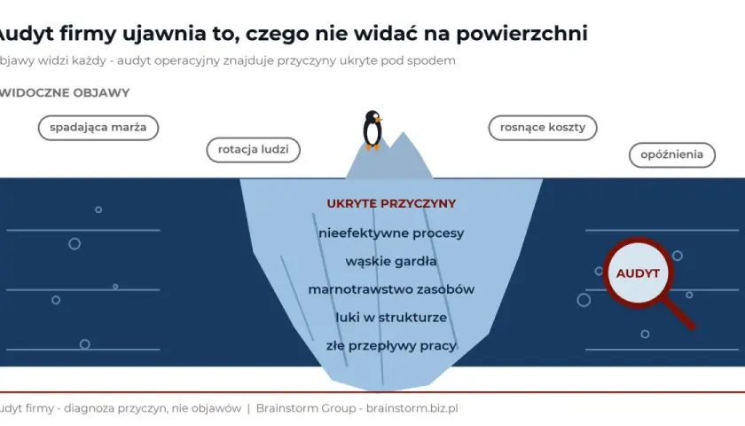 Audyt firmy ukazuje ukryte przyczyny problemów, takie jak nieefektywne procesy, marnotrawstwo zasobów i wąskie gardła, które wpływają na widoczne objawy.