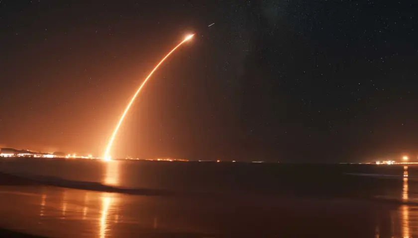 Jasny smug ognia rakiety przecina nocne niebo pełne gwiazd, ukazując, skąd startują statki kosmiczne NASA.