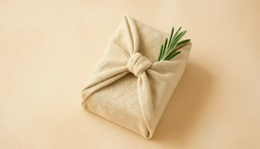 Ein Geschenk, in Stoff gewickelt und mit einem Rosmarinzweig verziert. Tolle geschenke verpacken ideen für einen natürlichen Look.