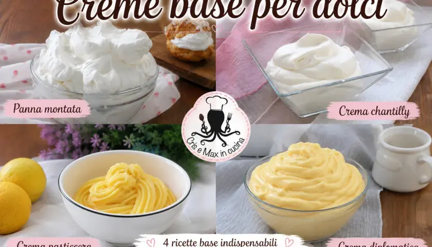 Immagine mostra come si fa la crema chantilly, panna montata, crema pasticcera e crema diplomatica, 4 basi per dolci.
