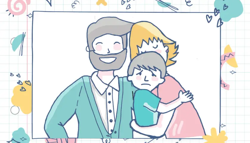 Ilustración de una familia abrazándose, mostrando el apego en niños de 6 a 12 años. El niño parece un poco triste, pero está rodeado de amor.