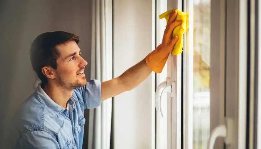 Un homme souriant nettoie une fenêtre en aluminium blanc avec un chiffon jaune.